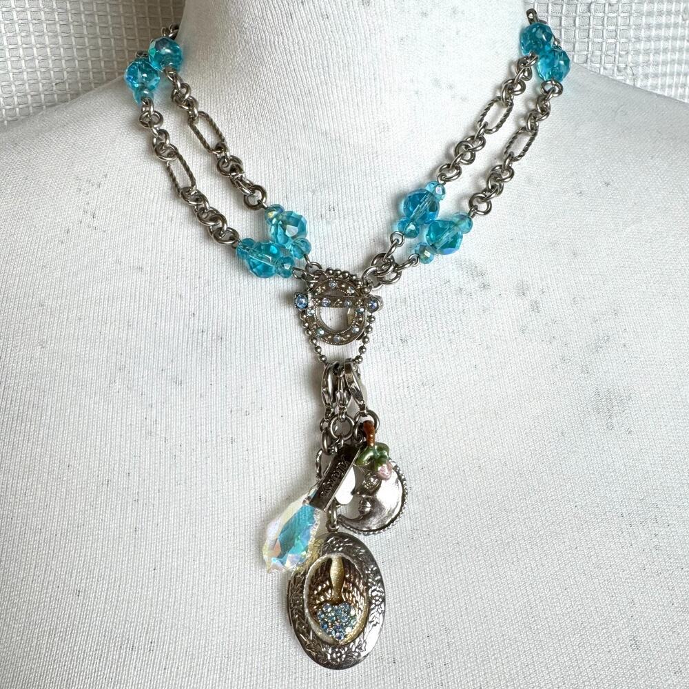 Kirks Folly Necklace I Remember You By Heart Silver Tone Locket Charms Blue Bead